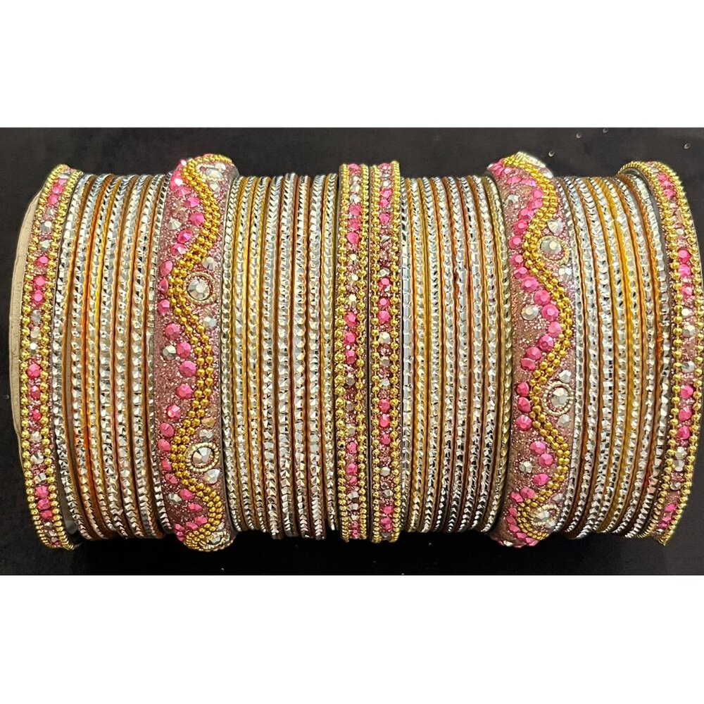 Indian Gold-Tone Pink Cubic Zirconia Bangle Set